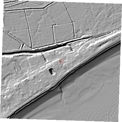 Shaded relief map of the ground around BN246ND, computed from Environment Agency LiDAR. The ground here sits at about 4 m above sea level and falls 10 m across the surrounding 800 m. Surface water reaching this point runs off ground lying to the south-south-east, 2.0 m higher.