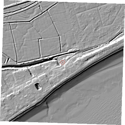 Shaded relief map of the ground around BN246NE, computed from Environment Agency LiDAR. The ground here sits at about 3 m above sea level and falls 10 m across the surrounding 800 m. Surface water reaching this point runs off ground lying to the east-south-east, 2.8 m higher.