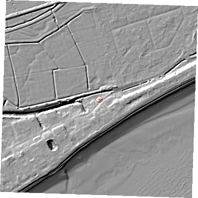 Shaded relief map of the ground around BN246NF, computed from Environment Agency LiDAR. The ground here sits at about 3 m above sea level and falls 10 m across the surrounding 800 m. Surface water reaching this point runs off ground lying to the east, 5.9 m higher.