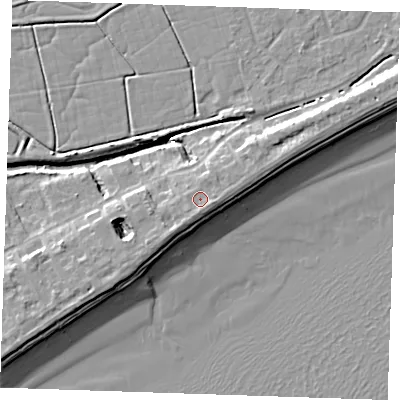 Shaded relief map of the ground around BN246NG, computed from Environment Agency LiDAR. The ground here sits at about 5 m above sea level and falls 10 m across the surrounding 800 m. Surface water reaching this point runs off ground lying to the east, 1.3 m higher.