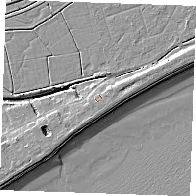Shaded relief map of the ground around BN246NH, computed from Environment Agency LiDAR. The ground here sits at about 5 m above sea level and falls 10 m across the surrounding 800 m. Surface water reaching this point runs off ground lying to the east, 2.0 m higher.