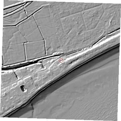 Shaded relief map of the ground around BN246NJ, computed from Environment Agency LiDAR. The ground here sits at about 4 m above sea level and falls 10 m across the surrounding 800 m. Surface water reaching this point runs off ground lying to the east-north-east, 5.3 m higher.
