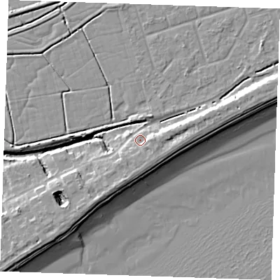 Shaded relief map of the ground around BN246NL, computed from Environment Agency LiDAR. The ground here sits at about 4 m above sea level and falls 10 m across the surrounding 800 m. Surface water reaching this point runs off ground lying to the east, 3.5 m higher.