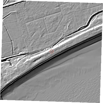Shaded relief map of the ground around BN246NR, computed from Environment Agency LiDAR. The ground here sits at about 6 m above sea level and falls 10 m across the surrounding 800 m. Surface water reaching this point runs off ground lying to the south-east, 0.8 m higher.