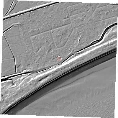 Shaded relief map of the ground around BN246NS, computed from Environment Agency LiDAR. The ground here sits at about 2 m above sea level and falls 10 m across the surrounding 800 m. Surface water reaching this point runs off ground lying to the west-south-west, 1.0 m higher.