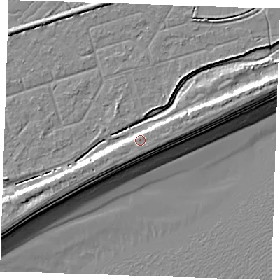 Shaded relief map of the ground around BN246NT, computed from Environment Agency LiDAR. The ground here sits at about 6 m above sea level and falls 10 m across the surrounding 800 m. Surface water reaching this point runs off ground lying to the south-west, 1.1 m higher.
