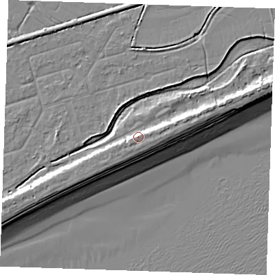 Shaded relief map of the ground around BN246NU, computed from Environment Agency LiDAR. The ground here sits at about 6 m above sea level and falls 10 m across the surrounding 800 m. Surface water reaching this point runs off ground lying to the east-north-east, 4.8 m higher.