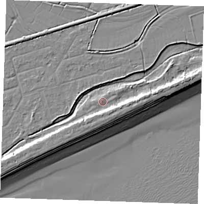 Shaded relief map of the ground around BN246NX, computed from Environment Agency LiDAR. The ground here sits at about 3 m above sea level and falls 10 m across the surrounding 800 m. Surface water reaching this point runs off ground lying to the east, 4.8 m higher.