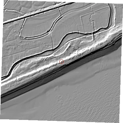 Shaded relief map of the ground around BN246NY, computed from Environment Agency LiDAR. The ground here sits at about 7 m above sea level and falls 10 m across the surrounding 800 m. Surface water reaching this point runs off ground lying to the south-west, 4.1 m higher.