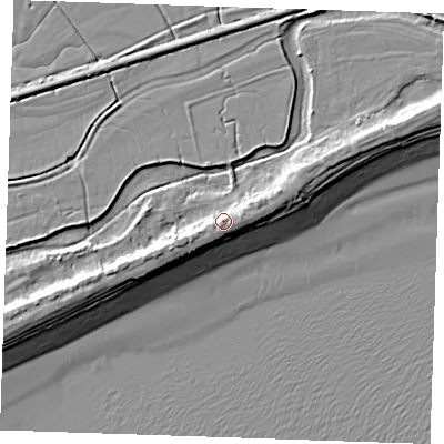 Shaded relief map of the ground around BN246PB, computed from Environment Agency LiDAR. The ground here sits at about 6 m above sea level and falls 10 m across the surrounding 800 m. Surface water reaching this point runs off ground lying to the south-south-west, 3.3 m higher.