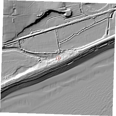 Shaded relief map of the ground around BN246PR, computed from Environment Agency LiDAR. The ground here sits at about 5 m above sea level and falls 16 m across the surrounding 800 m. Surface water reaching this point runs off ground lying to the south-south-east, 4.0 m higher.