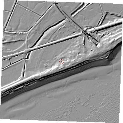 Shaded relief map of the ground around BN246PS, computed from Environment Agency LiDAR. The ground here sits at about 4 m above sea level and falls 10 m across the surrounding 800 m. Surface water reaching this point runs off ground lying to the south-south-east, 3.2 m higher.