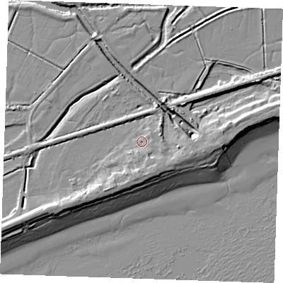 Shaded relief map of the ground around BN246PT, computed from Environment Agency LiDAR. The ground here sits at about 4 m above sea level and falls 10 m across the surrounding 800 m. Surface water reaching this point runs off ground lying to the south-south-east, 2.8 m higher.