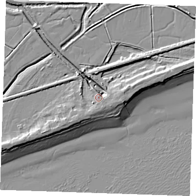 Shaded relief map of the ground around BN246PU, computed from Environment Agency LiDAR. The ground here sits at about 6 m above sea level and falls 10 m across the surrounding 800 m. Surface water reaching this point runs off ground lying to the south-south-east, 7.5 m higher.