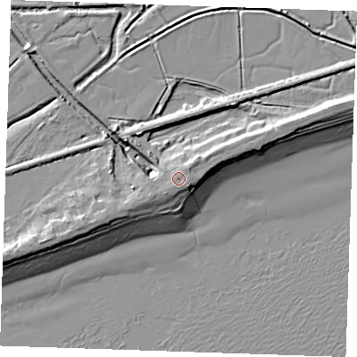 Shaded relief map of the ground around BN246PX, computed from Environment Agency LiDAR. The ground here sits at about 6 m above sea level and falls 10 m across the surrounding 800 m. Surface water reaching this point runs off ground lying to the south-east, 0.8 m higher.