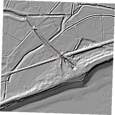 Shaded relief map of the ground around BN246PY, computed from Environment Agency LiDAR. The ground here sits at about 4 m above sea level and falls 10 m across the surrounding 800 m. Surface water reaching this point runs off ground lying to the south-east, 7.5 m higher.