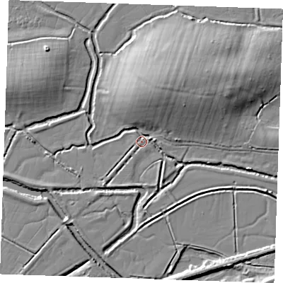 Shaded relief map of the ground around BN246QG, computed from Environment Agency LiDAR. The ground here sits at about 3 m above sea level and falls 13 m across the surrounding 800 m. Surface water reaching this point runs off ground lying to the north-north-east, 12.1 m higher.