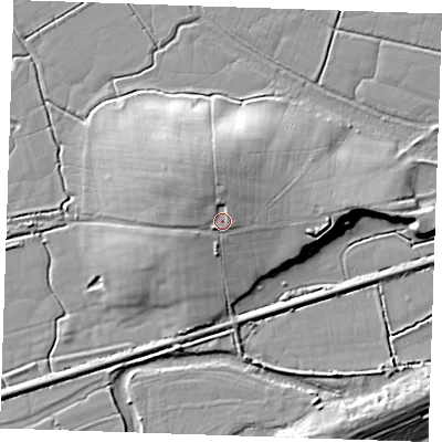Shaded relief map of the ground around BN246QN, computed from Environment Agency LiDAR. The ground here sits at about 10 m above sea level and falls 15 m across the surrounding 800 m. Surface water reaching this point runs off ground lying to the north, 4.6 m higher.