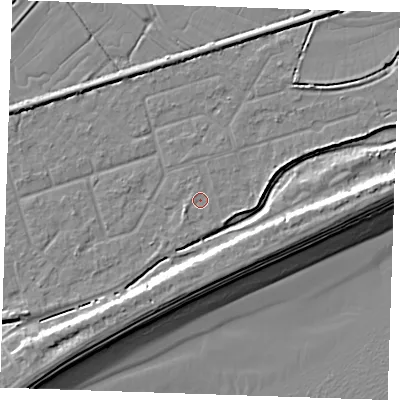 Shaded relief map of the ground around BN246RA, computed from Environment Agency LiDAR. The ground here sits at about 3 m above sea level and falls 10 m across the surrounding 800 m. Surface water reaching this point runs off ground lying to the east, 2.6 m higher.
