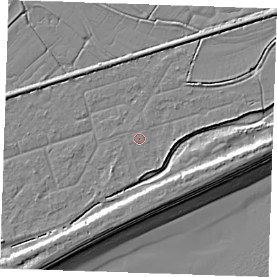 Shaded relief map of the ground around BN246RB, computed from Environment Agency LiDAR. The ground here sits at about 3 m above sea level and falls 10 m across the surrounding 800 m. The ground contributing surface water to this point lies to the south-east.