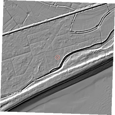 Shaded relief map of the ground around BN246RD, computed from Environment Agency LiDAR. The ground here sits at about 3 m above sea level and falls 10 m across the surrounding 800 m. Surface water reaching this point runs off ground lying to the south-south-east, 2.6 m higher.