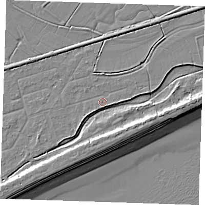 Shaded relief map of the ground around BN246RE, computed from Environment Agency LiDAR. The ground here sits at about 3 m above sea level and falls 10 m across the surrounding 800 m. Surface water reaching this point runs off ground lying to the east, 1.8 m higher.