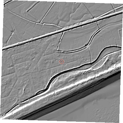Shaded relief map of the ground around BN246RF, computed from Environment Agency LiDAR. The ground here sits at about 3 m above sea level and falls 10 m across the surrounding 800 m. Surface water reaching this point runs off ground lying to the south-south-west, 2.3 m higher.