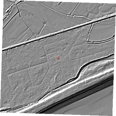 Shaded relief map of the ground around BN246RG, computed from Environment Agency LiDAR. The ground here sits at about 3 m above sea level and falls 10 m across the surrounding 800 m. Surface water reaching this point runs off ground lying to the east, 0.9 m higher.