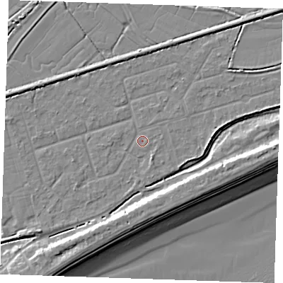 Shaded relief map of the ground around BN246RH, computed from Environment Agency LiDAR. The ground here sits at about 3 m above sea level and falls 10 m across the surrounding 800 m. Surface water reaching this point runs off ground lying to the east, 3.3 m higher.