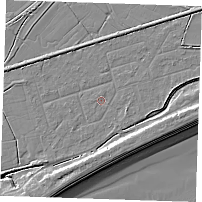 Shaded relief map of the ground around BN246RJ, computed from Environment Agency LiDAR. The ground here sits at about 2 m above sea level and falls 10 m across the surrounding 800 m. Surface water reaching this point runs off ground lying to the north, 0.8 m higher.
