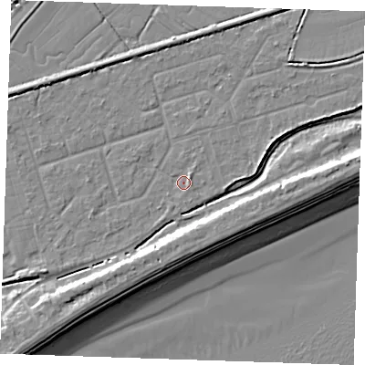 Shaded relief map of the ground around BN246RL, computed from Environment Agency LiDAR. The ground here sits at about 3 m above sea level and falls 10 m across the surrounding 800 m. Surface water reaching this point runs off ground lying to the north-east, 1.5 m higher.