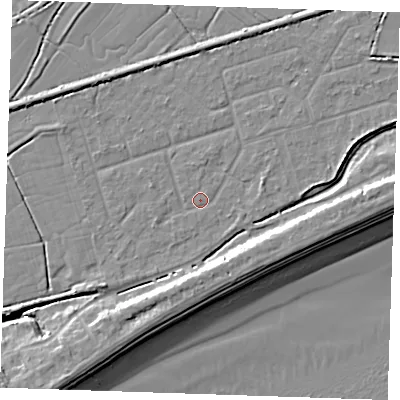 Shaded relief map of the ground around BN246RN, computed from Environment Agency LiDAR. The ground here sits at about 3 m above sea level and falls 10 m across the surrounding 800 m. Surface water reaching this point runs off ground lying to the east-north-east, 3.3 m higher.