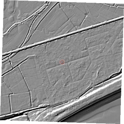 Shaded relief map of the ground around BN246RP, computed from Environment Agency LiDAR. The ground here sits at about 3 m above sea level and falls 9 m across the surrounding 800 m. Surface water reaching this point runs off ground lying to the east, 3.3 m higher.