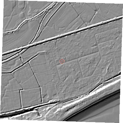 Shaded relief map of the ground around BN246RR, computed from Environment Agency LiDAR. The ground here sits at about 2 m above sea level and falls 10 m across the surrounding 800 m. Surface water reaching this point runs off ground lying to the north-north-east, 2.4 m higher.