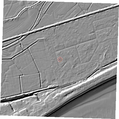 Shaded relief map of the ground around BN246RS, computed from Environment Agency LiDAR. The ground here sits at about 3 m above sea level and falls 10 m across the surrounding 800 m. Surface water reaching this point runs off ground lying to the north-north-east, 2.4 m higher.