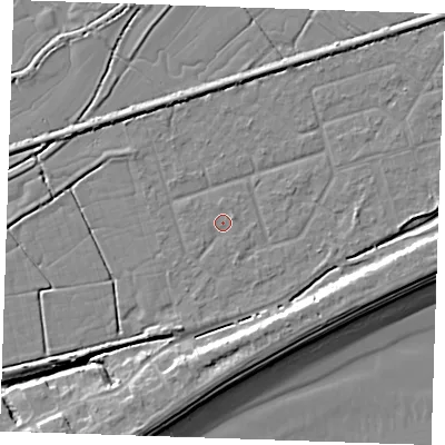 Shaded relief map of the ground around BN246RT, computed from Environment Agency LiDAR. The ground here sits at about 3 m above sea level and falls 10 m across the surrounding 800 m. Surface water reaching this point runs off ground lying to the north, 2.4 m higher.