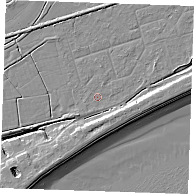 Shaded relief map of the ground around BN246RU, computed from Environment Agency LiDAR. The ground here sits at about 3 m above sea level and falls 10 m across the surrounding 800 m. Surface water reaching this point runs off ground lying to the south, 1.0 m higher.
