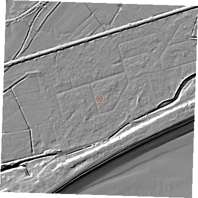 Shaded relief map of the ground around BN246RW, computed from Environment Agency LiDAR. The ground here sits at about 2 m above sea level and falls 10 m across the surrounding 800 m. Surface water reaching this point runs off ground lying to the east, 3.3 m higher.