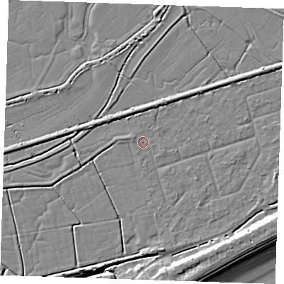 Shaded relief map of the ground around BN246RX, computed from Environment Agency LiDAR. The ground here sits at about 2 m above sea level and falls 9 m across the surrounding 800 m. Surface water reaching this point runs off ground lying to the north-west, 0.6 m higher.