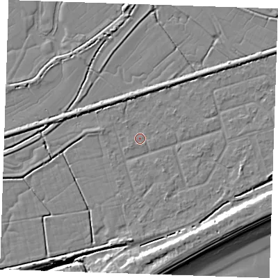 Shaded relief map of the ground around BN246RY, computed from Environment Agency LiDAR. The ground here sits at about 2 m above sea level and falls 9 m across the surrounding 800 m. Surface water reaching this point runs off ground lying to the north-north-east, 2.4 m higher.
