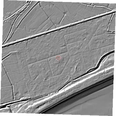 Shaded relief map of the ground around BN246SB, computed from Environment Agency LiDAR. The ground here sits at about 3 m above sea level and falls 10 m across the surrounding 800 m. Surface water reaching this point runs off ground lying to the east, 3.3 m higher.