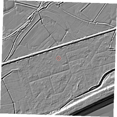 Shaded relief map of the ground around BN246SF, computed from Environment Agency LiDAR. The ground here sits at about 2 m above sea level and falls 9 m across the surrounding 800 m. Surface water reaching this point runs off ground lying to the west-north-west, 2.4 m higher.