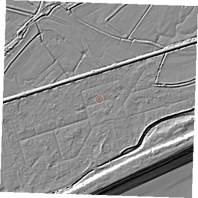 Shaded relief map of the ground around BN246SG, computed from Environment Agency LiDAR. The ground here sits at about 3 m above sea level and falls 10 m across the surrounding 800 m. Surface water reaching this point runs off ground lying to the west-north-west, 2.4 m higher.