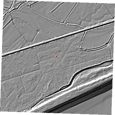 Shaded relief map of the ground around BN246SQ, computed from Environment Agency LiDAR. The ground here sits at about 3 m above sea level and falls 10 m across the surrounding 800 m. Surface water reaching this point runs off ground lying to the east-north-east, 2.0 m higher.