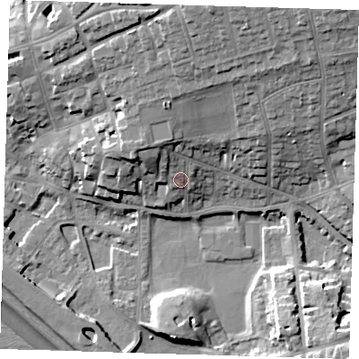 Shaded relief map of the ground around BN251AH, computed from Environment Agency LiDAR. The ground here sits at about 9 m above sea level and falls 27 m across the surrounding 800 m. Surface water reaching this point runs off ground lying to the north-west, 6.6 m higher.