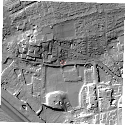 Shaded relief map of the ground around BN251AJ, computed from Environment Agency LiDAR. The ground here sits at about 5 m above sea level and falls 25 m across the surrounding 800 m. Surface water reaching this point runs off ground lying to the north-north-east, 16.3 m higher.