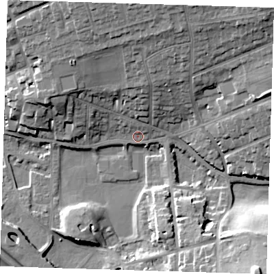 Shaded relief map of the ground around BN251AL, computed from Environment Agency LiDAR. The ground here sits at about 5 m above sea level and falls 25 m across the surrounding 800 m. Surface water reaching this point runs off ground lying to the north, 9.6 m higher.