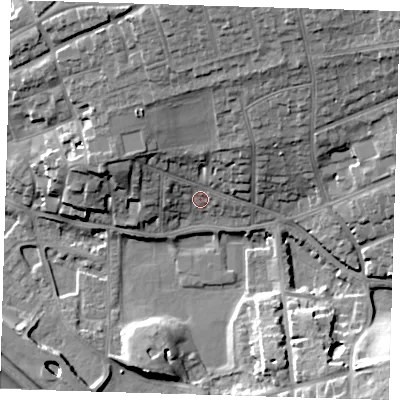Shaded relief map of the ground around BN251AN, computed from Environment Agency LiDAR. The ground here sits at about 7 m above sea level and falls 26 m across the surrounding 800 m. Surface water reaching this point runs off ground lying to the north-north-east, 16.6 m higher.