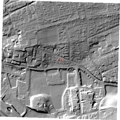 Shaded relief map of the ground around BN251AP, computed from Environment Agency LiDAR. The ground here sits at about 7 m above sea level and falls 24 m across the surrounding 800 m. Surface water reaching this point runs off ground lying to the north-north-east, 8.2 m higher.