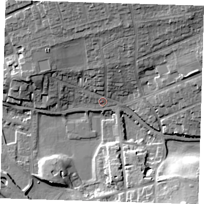 Shaded relief map of the ground around BN251AR, computed from Environment Agency LiDAR. The ground here sits at about 6 m above sea level and falls 23 m across the surrounding 800 m. Surface water reaching this point runs off ground lying to the north-north-east, 16.5 m higher.